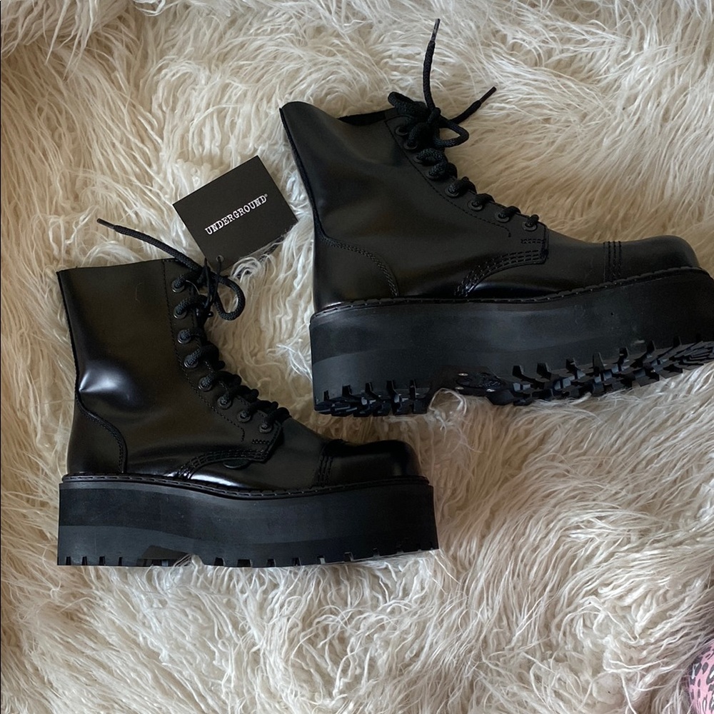 Underground England Black Leather Steelcap Platform Boots - UK 6, US Women’s 8
